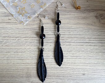 Black wooden feather earrings - halloween - camagong wood beads and wooden tube