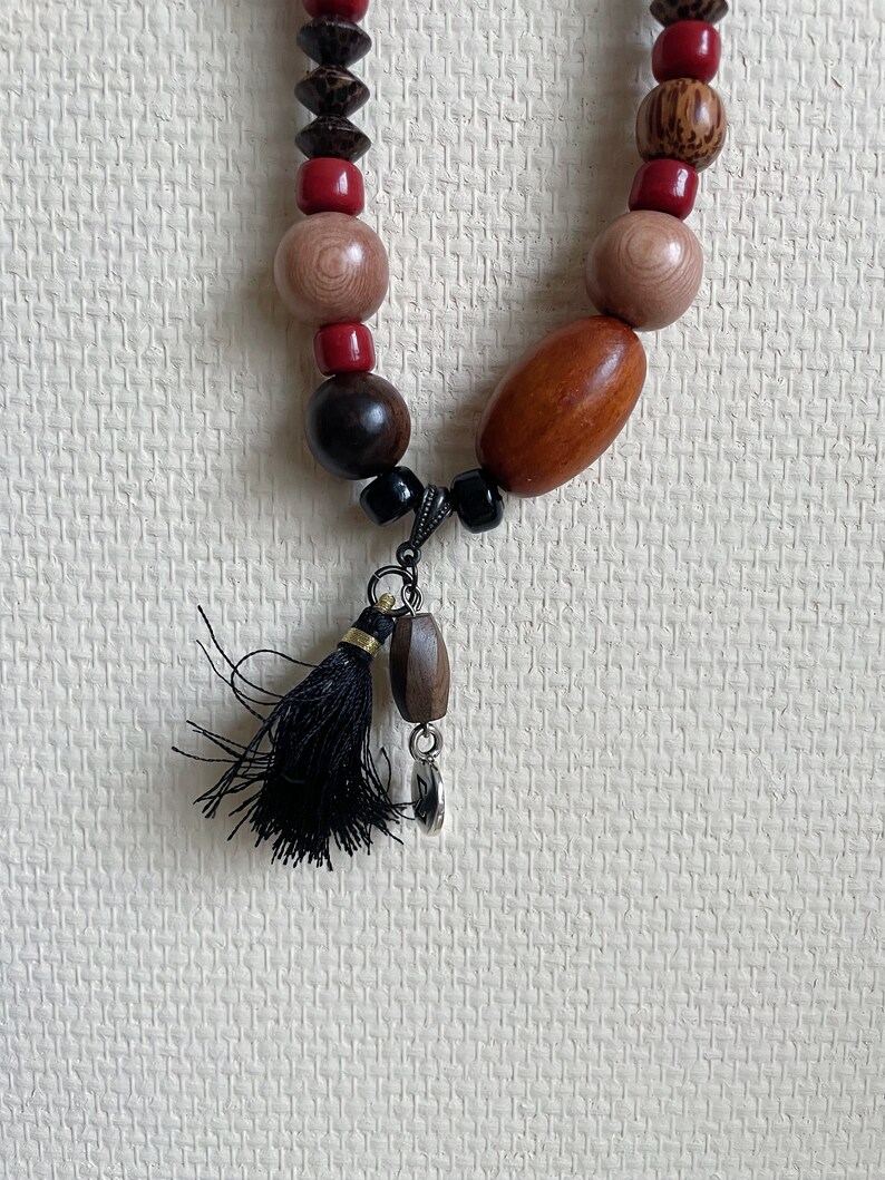 Tropical JUNGLE long necklace necklace meltingpot precious and exotic wood beads satin pompom sigma charm Western Country image 3