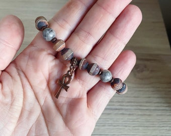 Vintage bracelet, Tibetan style, Frosted agate beads, Fossil agate beads, ankh cross