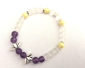 Womens or girls buddhist bracelet - silver plated lotus flowers - gems - frosted amethyst quartz - nacre crystal Swarovski beads