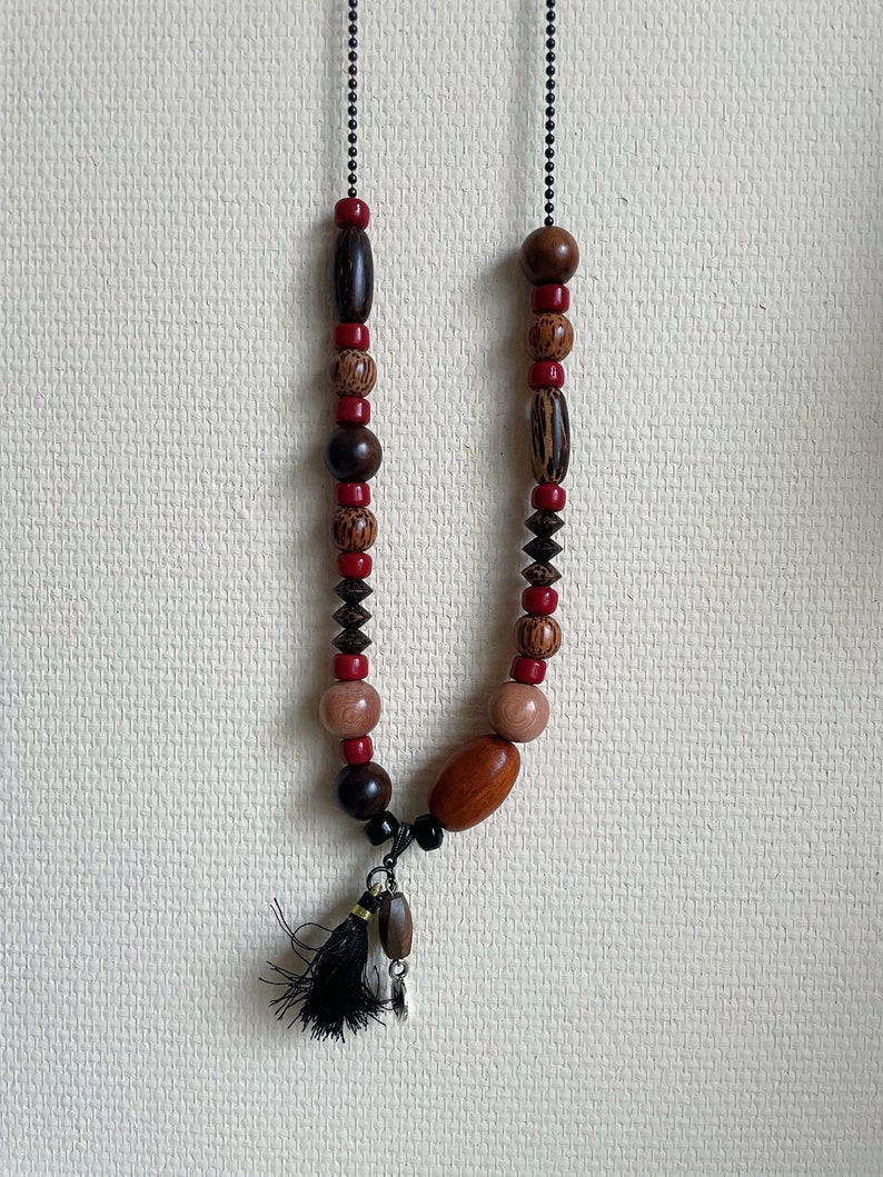 Tropical JUNGLE long necklace necklace meltingpot precious and exotic wood beads satin pompom sigma charm Western Country image 1