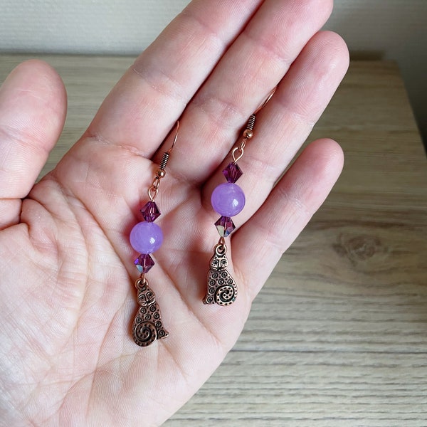 Copper and lavender cat - Charm earrings, copper spiral cat, lavender jade bead, Swarovski amethyst crystal spinning tops