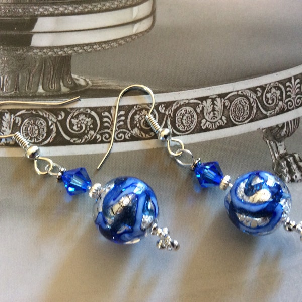 Earrings blue silver inclusion, pendants Silver 925, Swarovski Crystal bicone blue Venetian glass beads