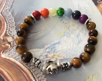 Bracelet Couleurs Chakras - couleur de la paix - bracelet femme - bouddha - oeil de tigre