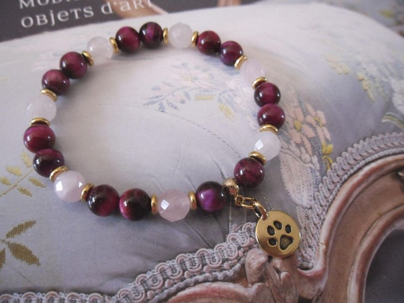 Feminine bracelet Tiger eye beads dyed Fuchsias faceted rose quartz beads metal paw print charm image 1