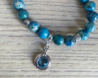 JAPAN bracelet - Blue printed Jasper beads Tensha style - Turquoise swarovski rivoli medallion