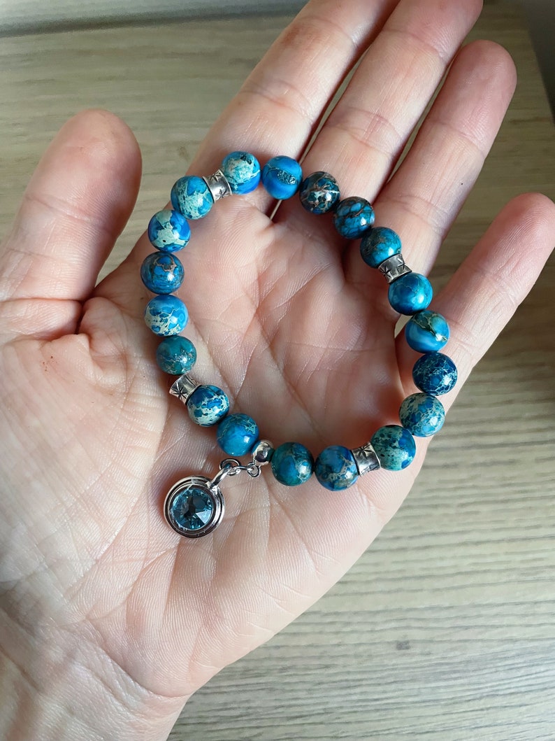 Bracelet JAPON Perles Jaspes imprimées bleues style Tensha Médaillon rivoli swarovski turquoise image 3