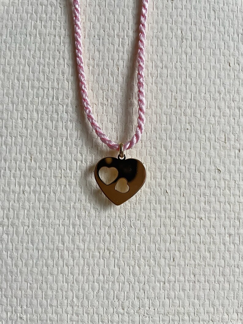 Mother's Day Pink Twisted pink satin cord necklace and gold-plated heart duo Spring Jewel image 5