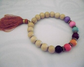 Natural romantic bracelet - Bohemian - beads colorful wooden and natural wooden beads - tassel