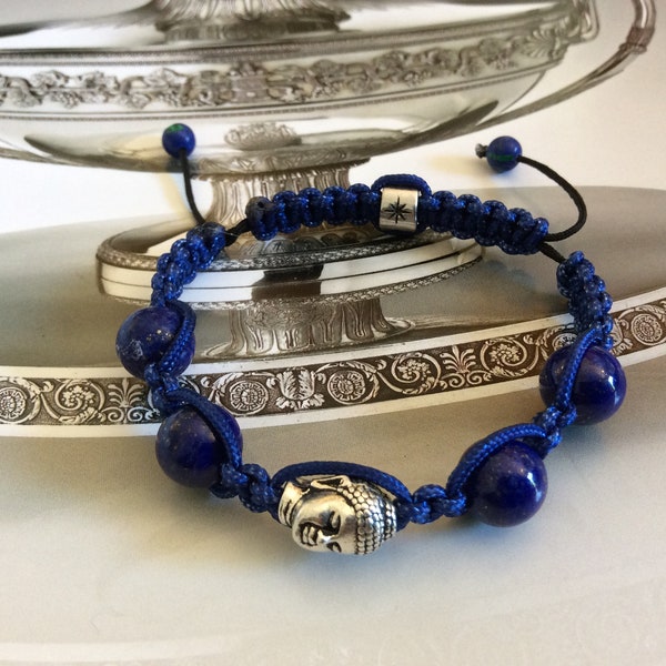 Shamballa  LAPIS LAZULI, tête de Bouddha plaquée argent, cordon bleu France