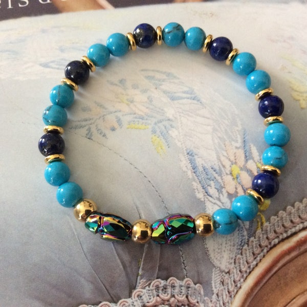 Crystal Swarovski scarab beetle bracelet - Ancient Egyptian - turquoise and malachite incorporated into lapis lazuli beads