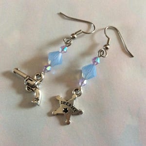 Country earrings - quirky - colt and western Sheriff blue swarovski crystal beads - silver plated star