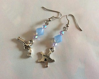 Country earrings - quirky - colt and western Sheriff blue swarovski crystal beads - silver plated star