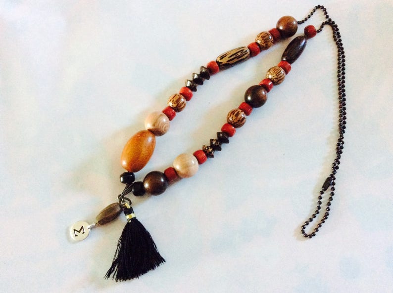 Tropical JUNGLE long necklace necklace meltingpot precious and exotic wood beads satin pompom sigma charm Western Country image 6