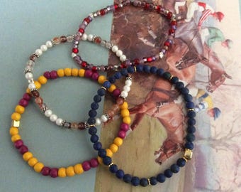 LOT de  bracelets minimaliste - 2 enfant et 2 maman -  bois, lapis lazuli depoli - verre - plaqué or -