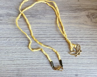 Mid-length necklace (almost sautoir necklace) - Japanese habotai silk cord and lotus in 22 carat fine gold gilded metal