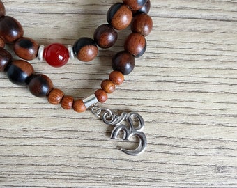 Duo bracelet, double row, Buddhism - Camagong precious wood - Carnelians and aum letter charm in silver plated metal