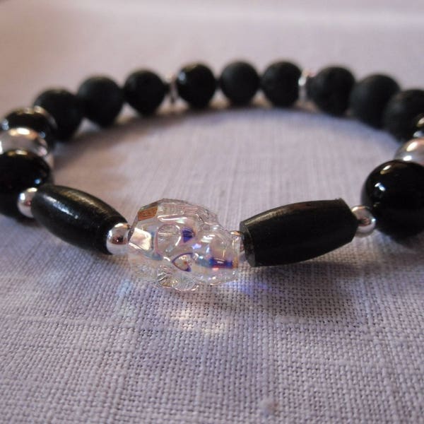 Bracelets homme Black - Rock Gothique - Crane skull cristal Swarovski - Perles argent - perles gemmes et en corne