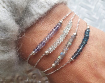 Bracelets ONDE perles Topaze, Iolite, Aigue Marine, Labradorite chaine argent massif 925