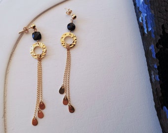 ARABICA Earrings Gold Plated Asymmetrical Onyx Beads Filled Gold filled, Boho Ear Fleas