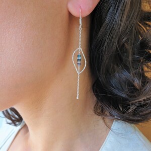 Long WAVE earrings in solid 925 silver with blue fine stone beads image 2