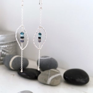 Long WAVE earrings in solid 925 silver with blue fine stone beads image 1