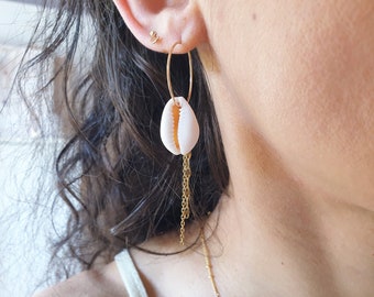 CAURI 4 in 1 hoop earrings, 14 carat gold filled long shell earrings