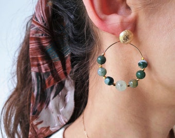 ÉCLOSION hoop earrings green Agate beads gold filled gold plated earrings