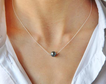 PURE black natural cultured pearl necklace with 925 solid silver chain