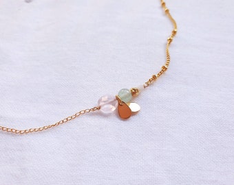 Asymmetrical PETAL necklace with fine stones, 14 carat gold filled gold chain