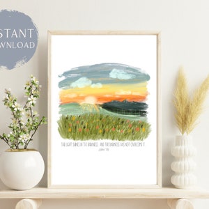 Het licht schijnt in de duisternis afdrukken | Johannes1:5 | direct downloaden | kaart | Christelijk geschenk | Katholiek geschenk | kunst aan de muur | huisdecoratie