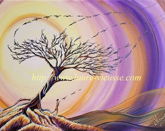 tableau d'arbre original et unique signé L'Aube Mauve 40x30 cm