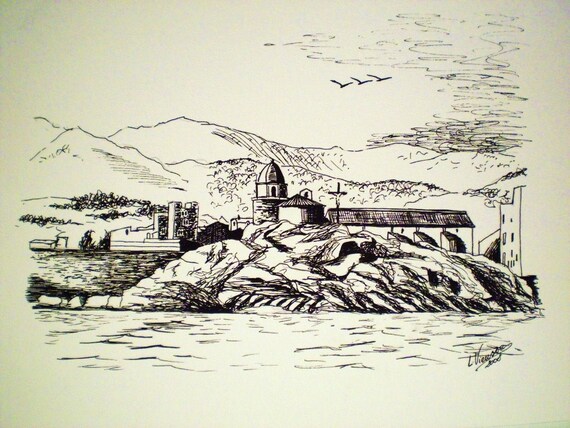 Collioure Plage De Louille 32x24 Cm Encre De Chine