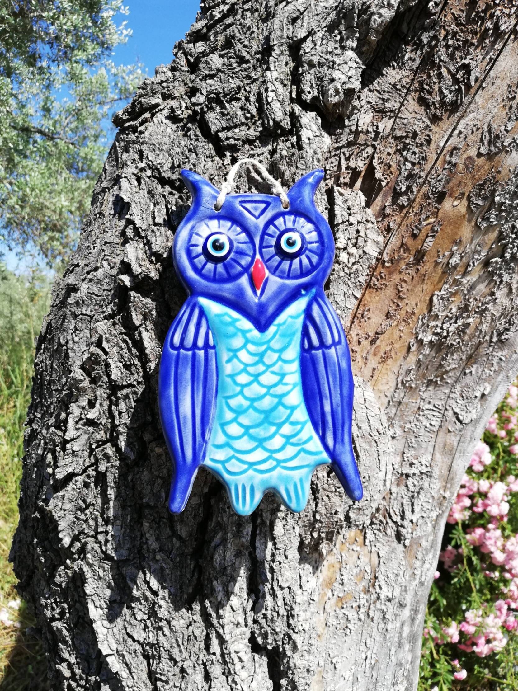 Blue ceramic owl outdoor decor owl kitchen decor pottery owl Etsy