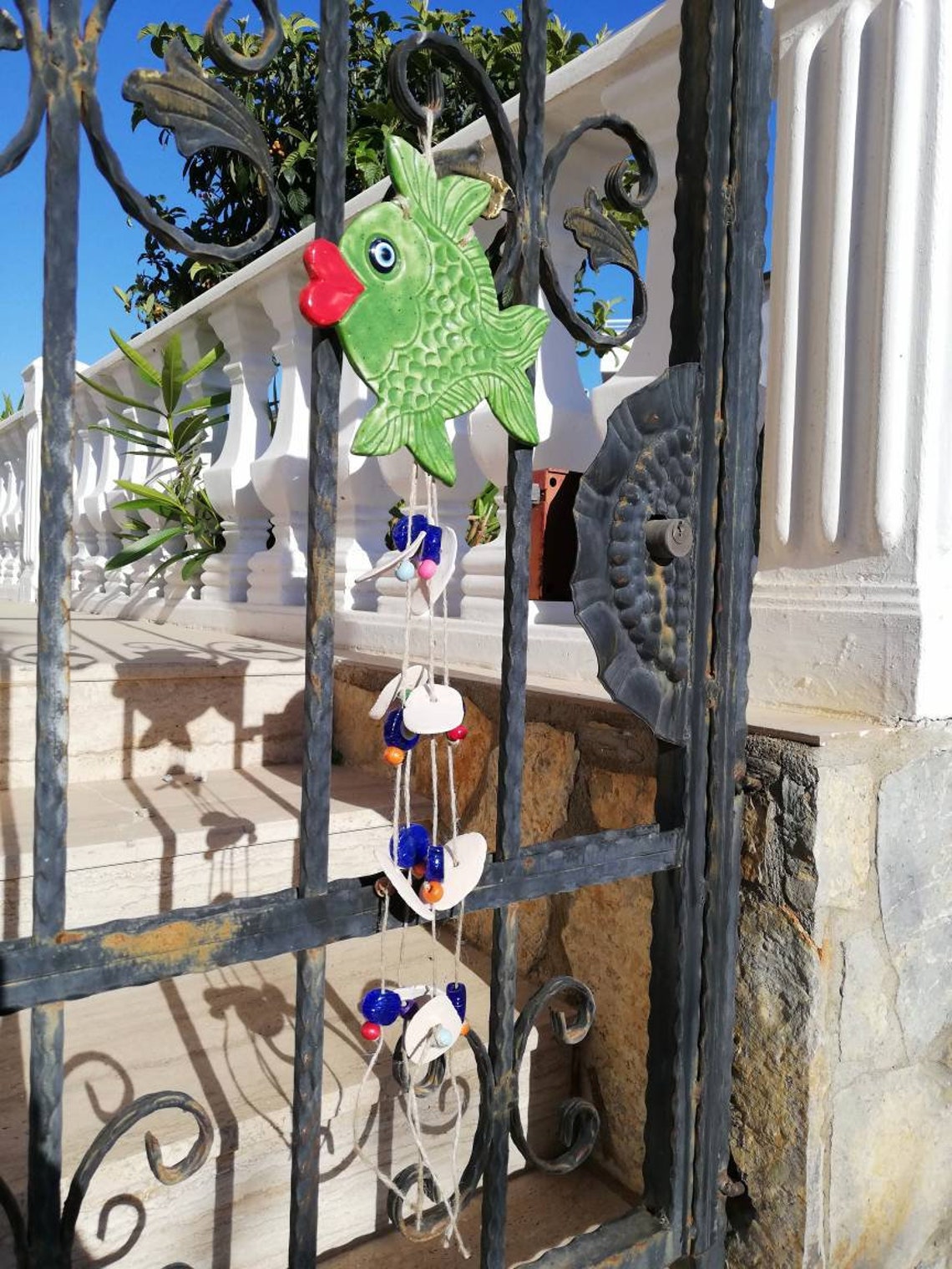 Grüner Keramik Fisch Windspiel Wandbehang Perlen Boho Garten | Etsy