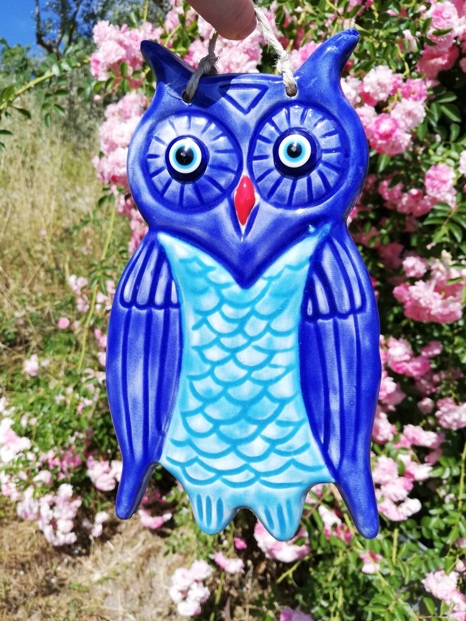 Blue ceramic owl outdoor decor owl kitchen decor pottery owl Etsy