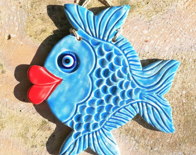Light Blue Ceramic Fish Wall Hanging, Ceramic Bathroom Wall Decor, Boho