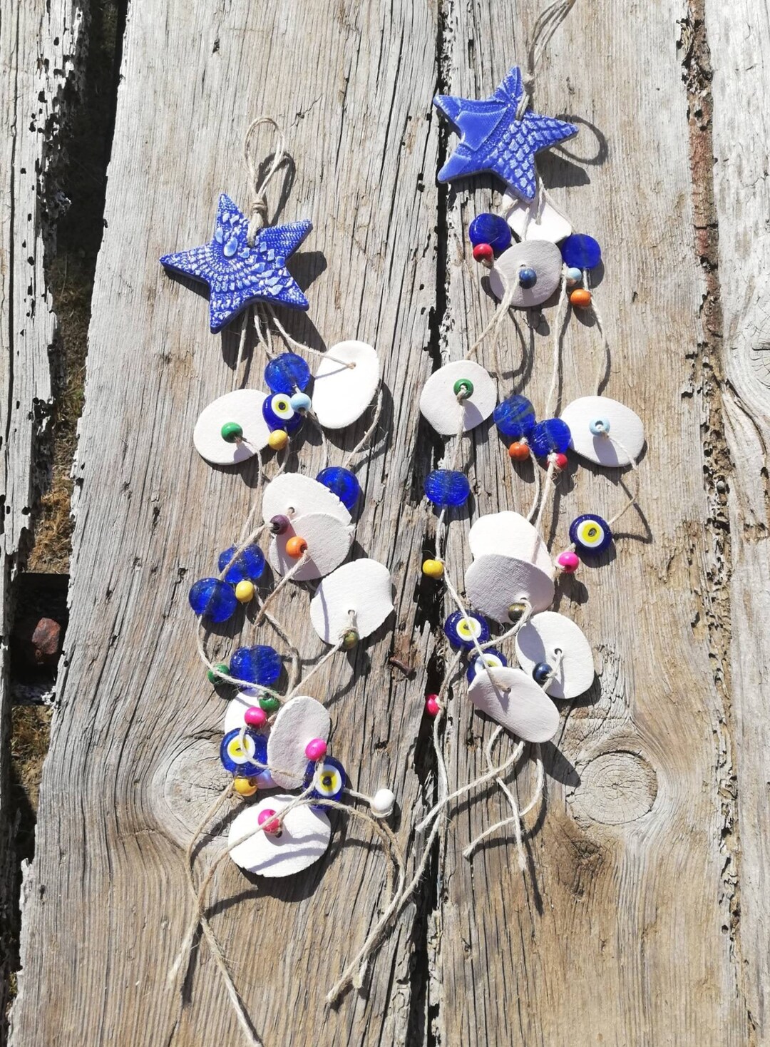 Outdoor Coastal Art Decor, Blue Starfish Hanging Ceramic Wind Chime