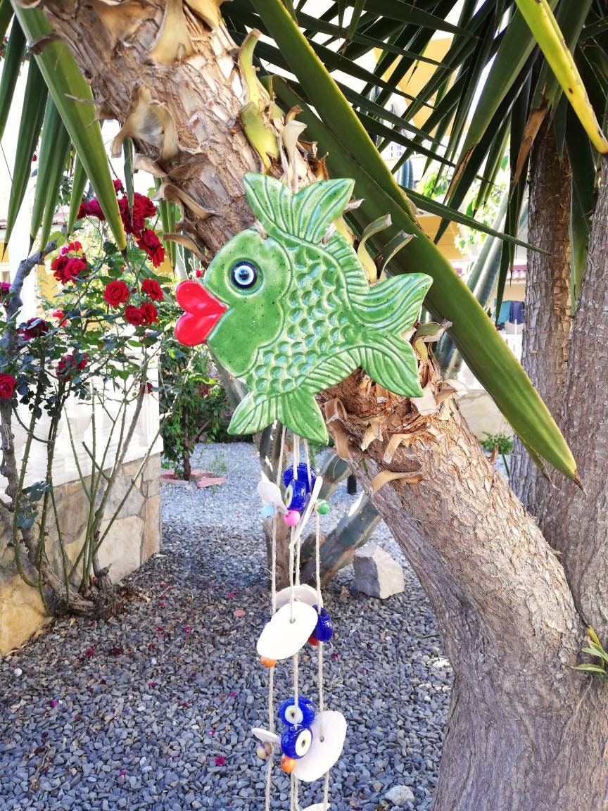 Grüner Keramik Fisch Windspiel Wandbehang Perlen Boho Garten | Etsy