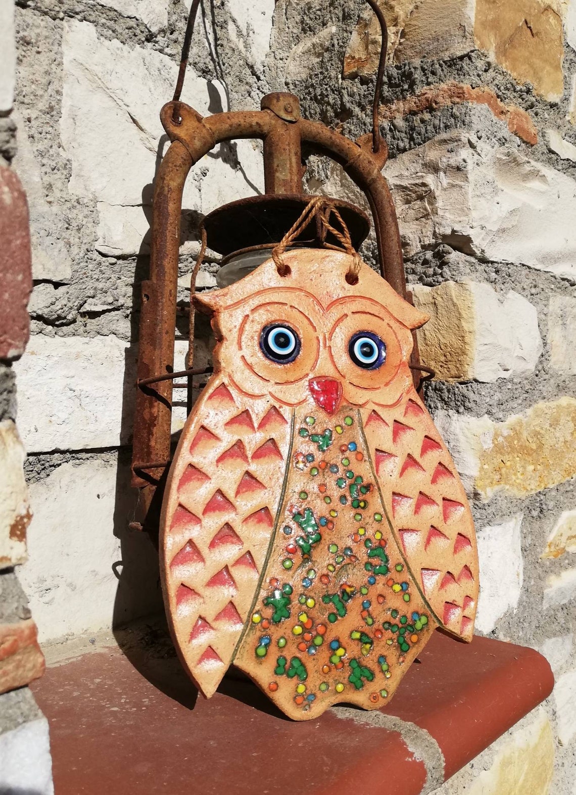 Big rustic ceramic owl wall hanging weatherproof outdoor owl Etsy