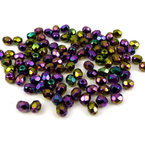 50 x  perles verre tchèque à facettes 4mm PURPLE METALLISE AB