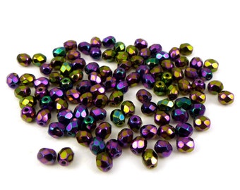 53 x Czech glass pressed faceted Beads 4 mm METALLIC PURPLE AB