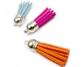 3 pompons en suédine 36 mm rose, orange, turquoise