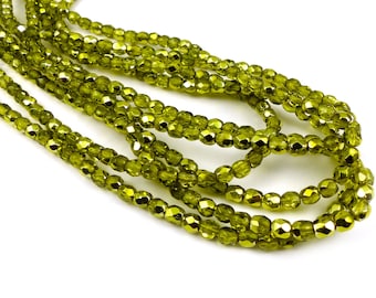 50 x  perles verre tchèque à facette 4mm OLIVINE METALLISE