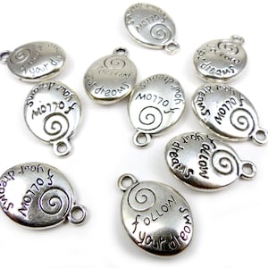 6 oval FOLLOW YOUR DREAMS charms - 21 x 14 mm - silver tone - double sided