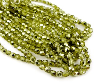 50 x  perles verre tchèque à facette 4mm OLIVINE LIGHT METALLISE