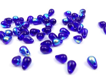 50 x tiny teardrops 6x4mm Czech Glass Beads Blue AB