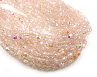 50 x Czech glass pressed faceted Beads 4 mm LIGHT ROSE AB