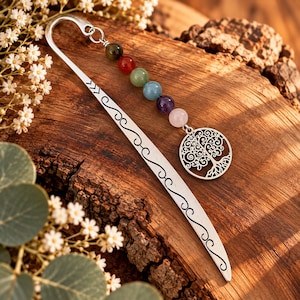 Verzilverde metalen boekenlegger met Levensboom en natuurstenen – Handgemaakt, cadeau voor een lezer, keuze uit verschillende stenen
