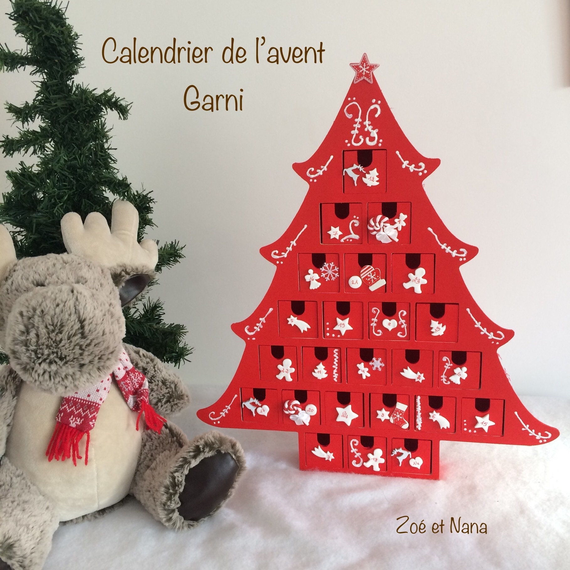 Calendrier de L'avent, Garni, Noël, en Bois, Sapin, Rouge, Blanc, Décoration Noel